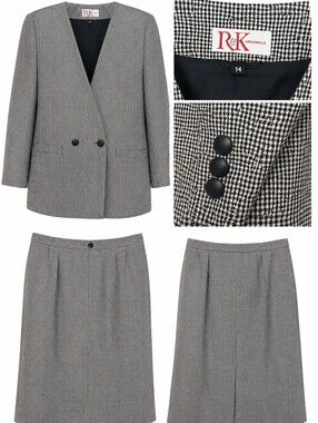 Vintage Black & White Houndstooth Skirt Suit Set | Size 14 | Retro Career Chic